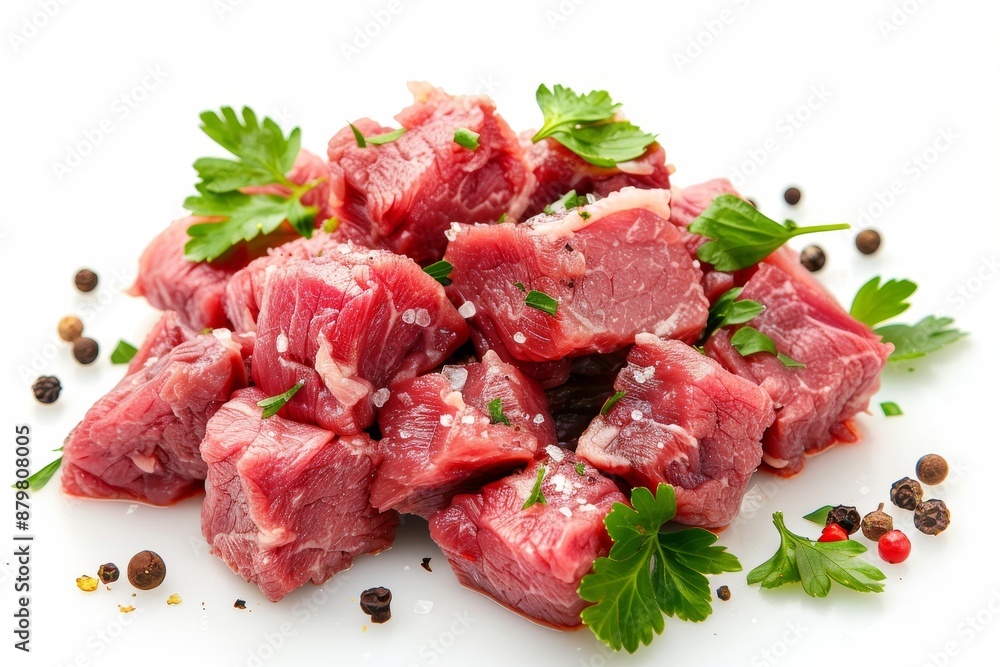 Close up of raw pork for goulash on white background Close up of raw pork for goulash on white background