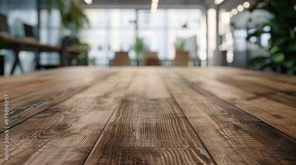 A simple wooden table with a green plant growing in the background A simple wooden table with a green plant growing in the background