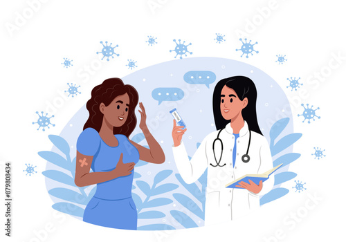 A young woman receives a seasonal flu vaccine. Vaccination, immunization and disease prevention. The doctor vaccinates the patient