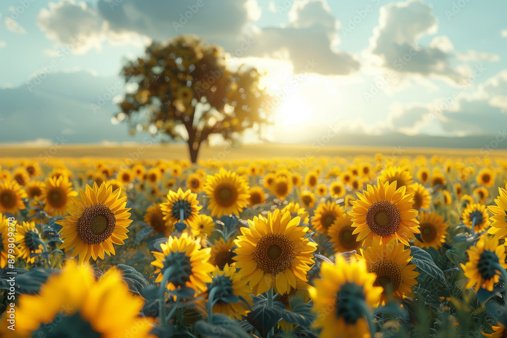 Fototapeta premium A vibrant field of sunflowers under a clear blue sky.generative ai