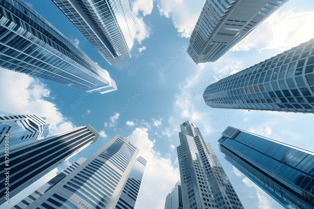 Looking up at modern skyscrapers against a bright blue sky with scattered clouds. Looking up at modern skyscrapers against a bright blue sky with scattered clouds.