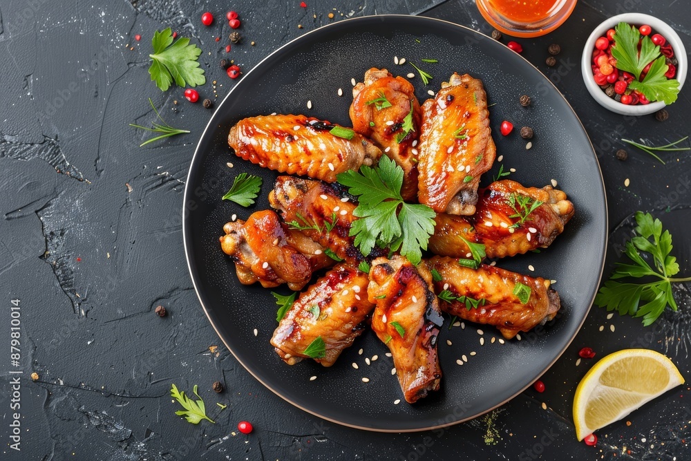 Close up top view of honey soy chicken wings on dark stone plate Close up top view of honey soy chicken wings on dark stone plate