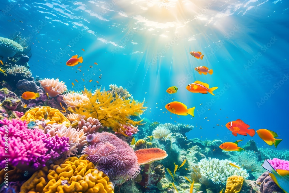 Fototapeta premium Colorful coral reef teeming with vibrant fish under the sunlit sea, showcasing marine biodiversity.