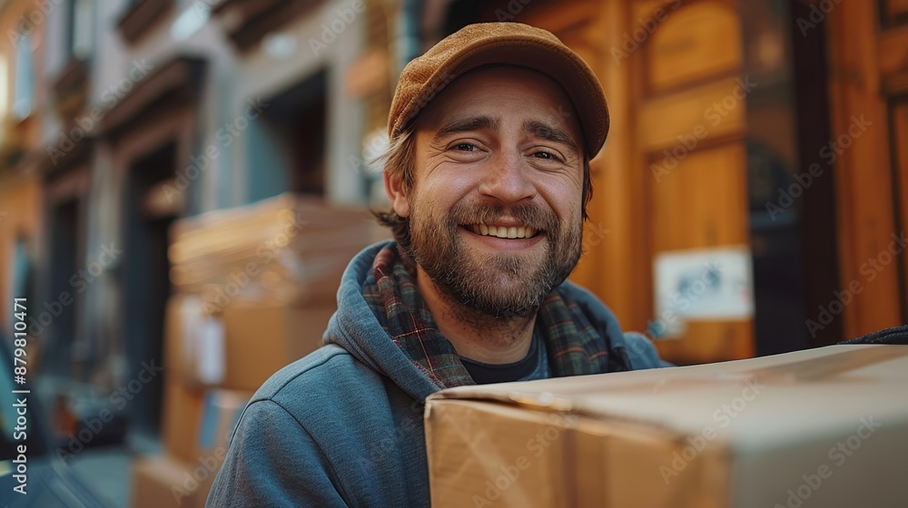 A happy delivery man wearing a hat and a smile while holding a cardboard box, standing in an outdoor setting with buildings in the background. A happy delivery man wearing a hat and a smile while holding a cardboard box, standing in an outdoor setting with buildings in the background.