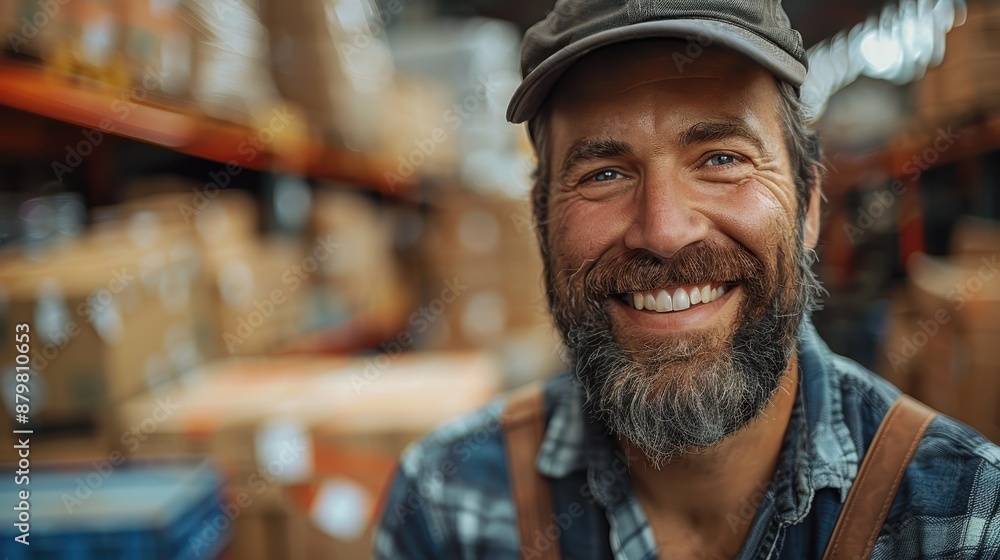 A bearded man with a cap smiles widely while seated in a warehouse filled with stacked boxes, surrounded by warmth and a sense of hard work. A bearded man with a cap smiles widely while seated in a warehouse filled with stacked boxes, surrounded by warmth and a sense of hard work.