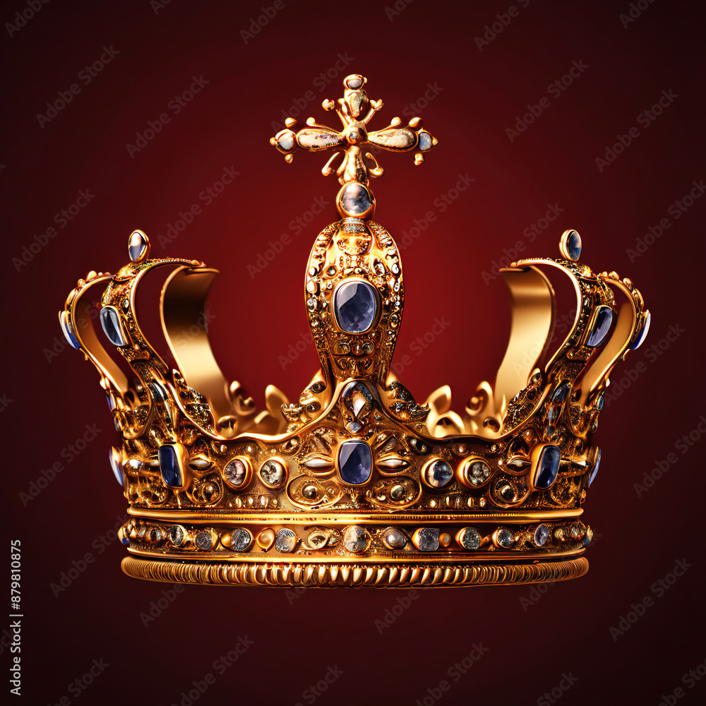 Illustration of Royal golden crown with jewels on golden pillow on red background. Symbols of UK United Kingdom monarchy. Copyspace on the left side of the frame. Generative AI Illustration of Royal golden crown with jewels on golden pillow on red background. Symbols of UK United Kingdom monarchy. Copyspace on the left side of the frame. Generative AI