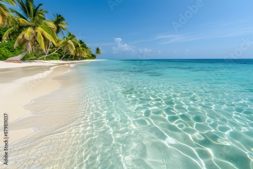 Pristine tropical beach with crystal-clear turquoise waters and palm trees under a bright blue sky.