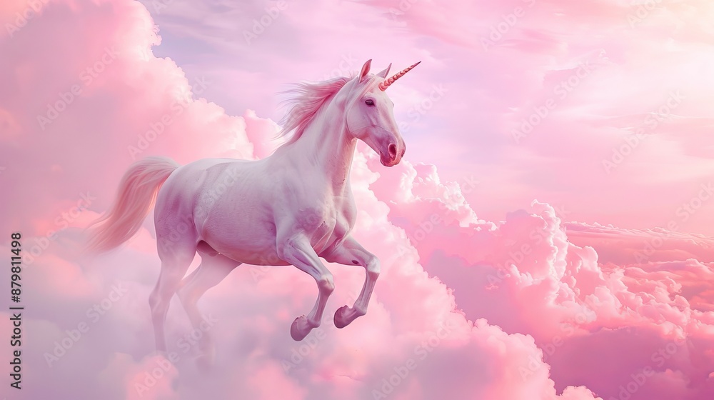 Unicorn soaring through pink clouds. A magical white unicorn gallops through the air, surrounded by fluffy pink clouds. Unicorn soaring through pink clouds. A magical white unicorn gallops through the air, surrounded by fluffy pink clouds.
