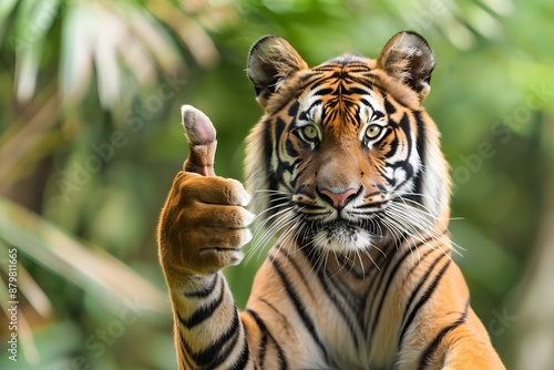 Fototapeta Naklejka Na Ścianę i Meble -  A majestic tiger giving a thumbs up gesture amidst vibrant green foliage in a lush jungle setting.