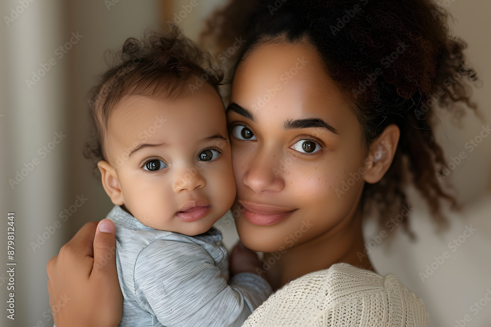 Woman in her 20s with curly hair in a ponytail holding her baby and looking in the camera Woman in her 20s with curly hair in a ponytail holding her baby and looking in the camera