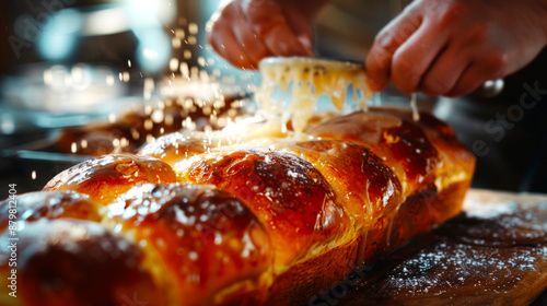 Wallpaper Mural close up of hands sprinkling sugar on freshly baked bread, on a wooden table Torontodigital.ca