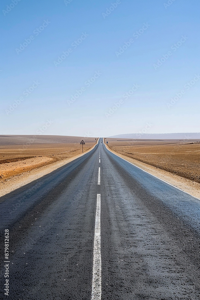 Long straight road stretching into the horizon through a vast desert landscape under a clear blue sky. Long straight road stretching into the horizon through a vast desert landscape under a clear blue sky.