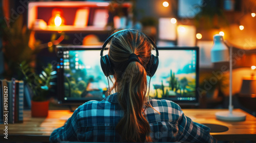 female gamers sit facing large monitors, headphones in ears focused on gaming, streaming entertainment as digital content creators