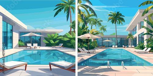 Tropical resort hotel cartoon vector scenes. Loungers pool sun umbrellas blue sky crystal water palm trees relaxation area modern spa center, summer holidays vacation concepts