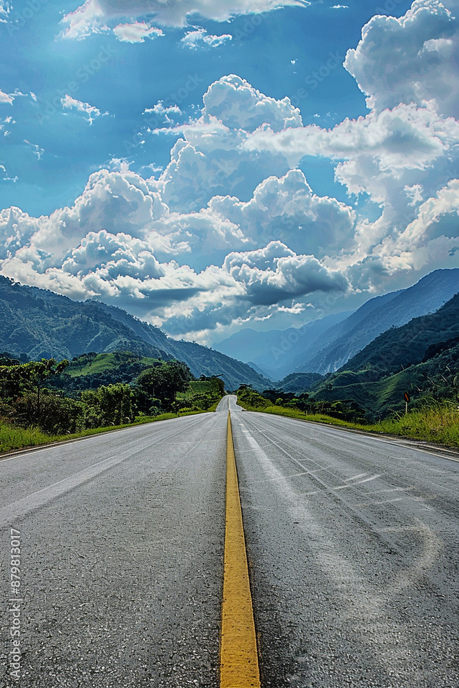 Fototapeta premium A picturesque road stretching through lush green hills with dramatic clouds overhead, representing travel, adventure, and the beauty of nature.