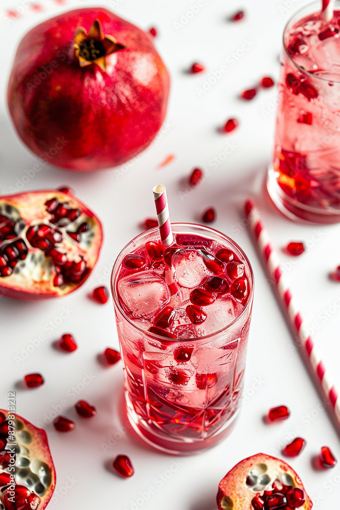 A refreshing pomegranate drink with ice cubes, surrounded by whole and halved pomegranates, highlighting the vibrant color and healthy lifestyle. A refreshing pomegranate drink with ice cubes, surrounded by whole and halved pomegranates, highlighting the vibrant color and healthy lifestyle.