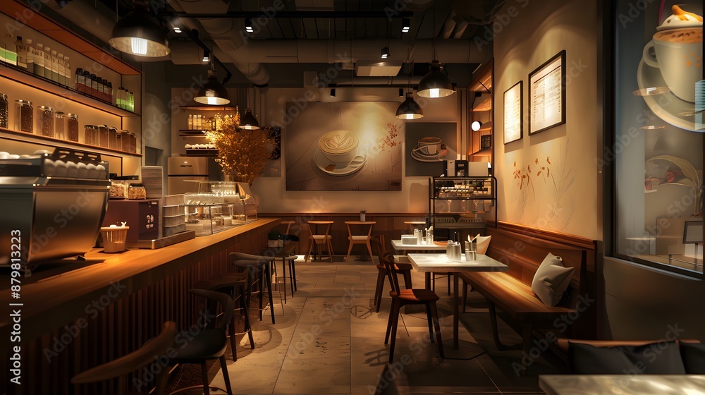 Warm and inviting coffee shop with soft lighting Warm and inviting coffee shop with soft lighting