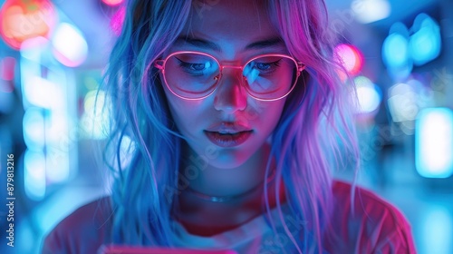 A woman with vibrant, colorful hair and glasses looks down at her phone in a neon-lit urban environment, blending modern technology with an artistic, futuristic style.