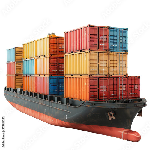 A large cargo ship loaded with colorful shipping containers.  The ship is docked and ready to sail.  The image represents international trade and transportation. photo