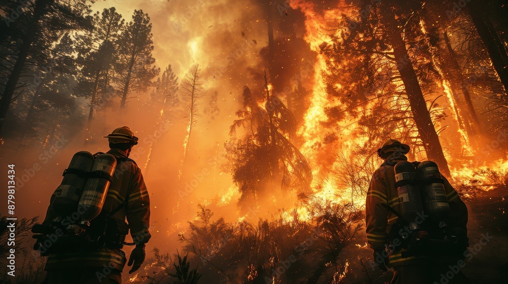 Naklejka premium Powerful depiction of a firefighter amid a dense, fiery forest, where flames tower high, showcasing the relentless battle against nature’s fury and sheer determination.