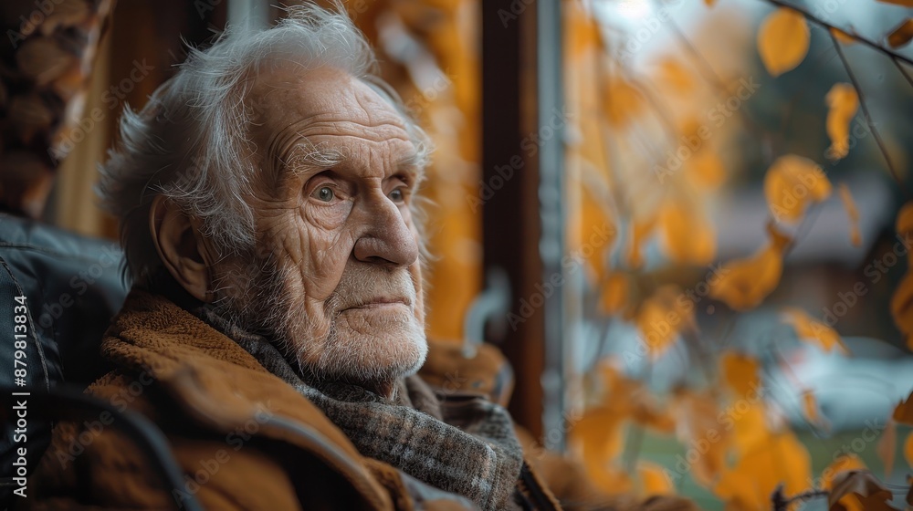 An elderly person in a cozy setting sits reflectively by a window, with autumn leaves visible outside, symbolizing nostalgia, the passage of time, and introspection. An elderly person in a cozy setting sits reflectively by a window, with autumn leaves visible outside, symbolizing nostalgia, the passage of time, and introspection.
