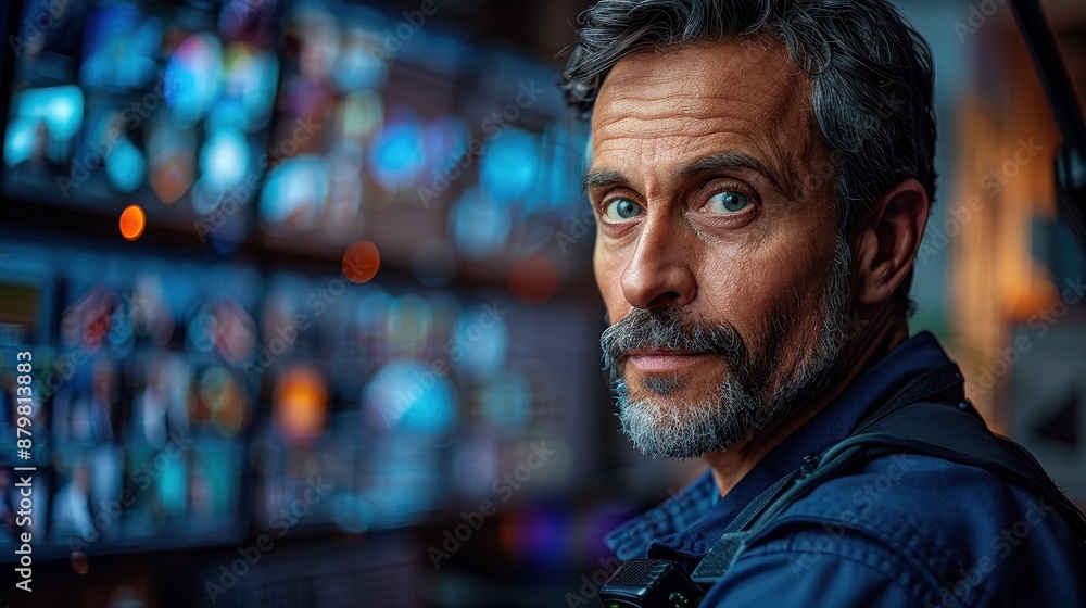 An engineer with a beard and blue shirt intently watches multiple screens at a control station, with colorful lights and blurred background creating a high-tech atmosphere. An engineer with a beard and blue shirt intently watches multiple screens at a control station, with colorful lights and blurred background creating a high-tech atmosphere.