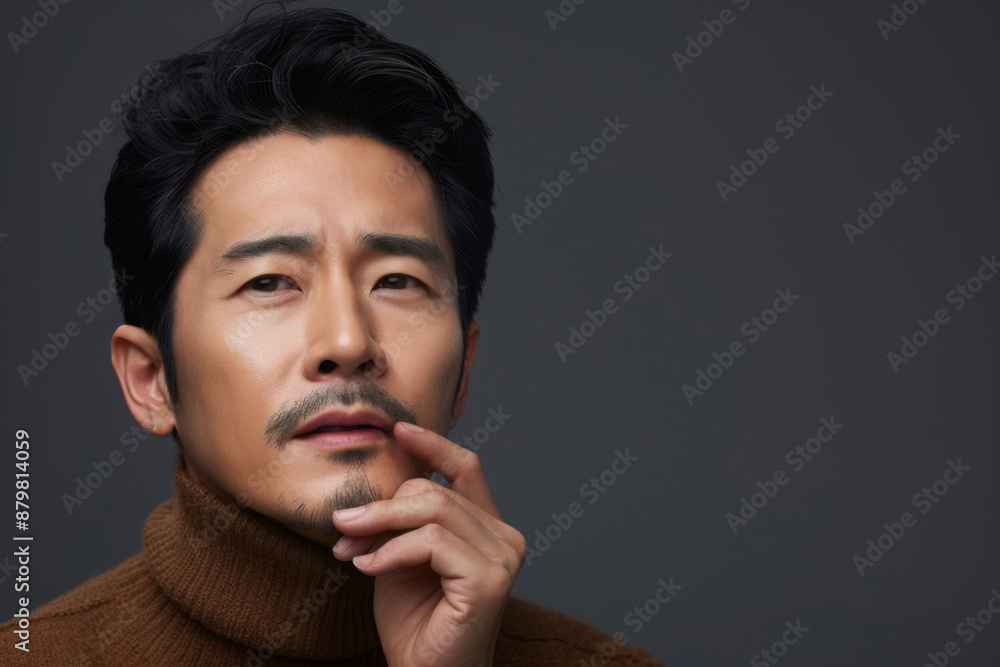 Korean man contemplating skincare, showing thoughtful expression Korean man contemplating skincare, showing thoughtful expression
