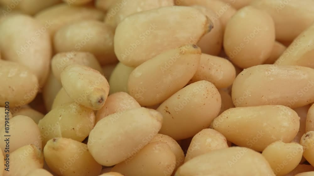 Peeled pine nuts are rotating in macro backdrop. Pine nut kernels close up. Healthy nut Peeled pine nuts are rotating in macro backdrop. Pine nut kernels close up. Healthy nut