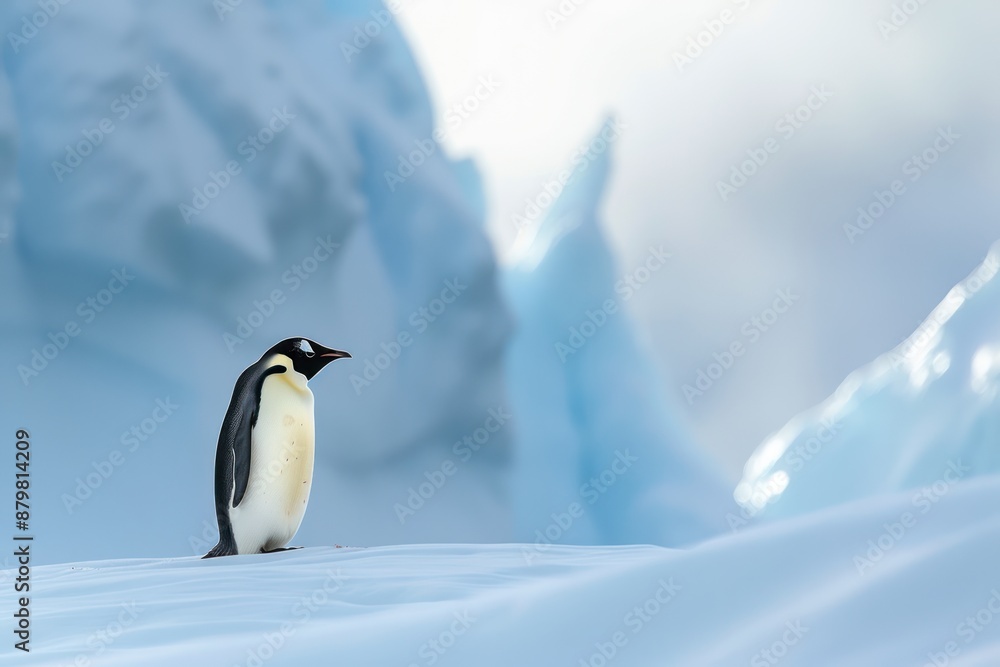 Fototapeta premium A penguin stands on a snowy surface, looking out over a frozen landscape