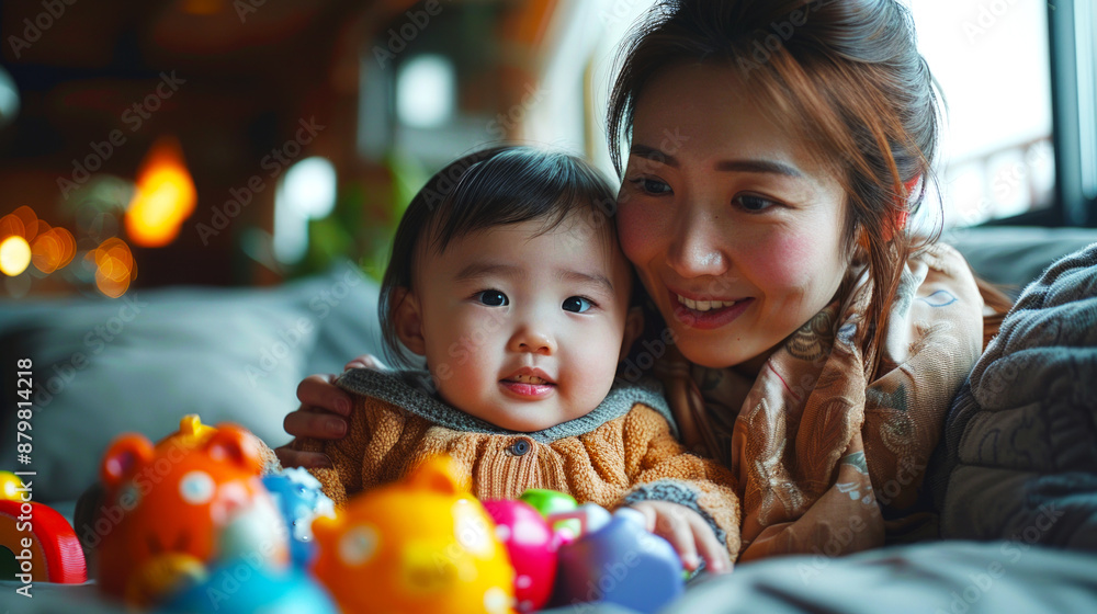child and mother playing with toys on the sofa, days and moments together, growing development of child and mother child and mother playing with toys on the sofa, days and moments together, growing development of child and mother