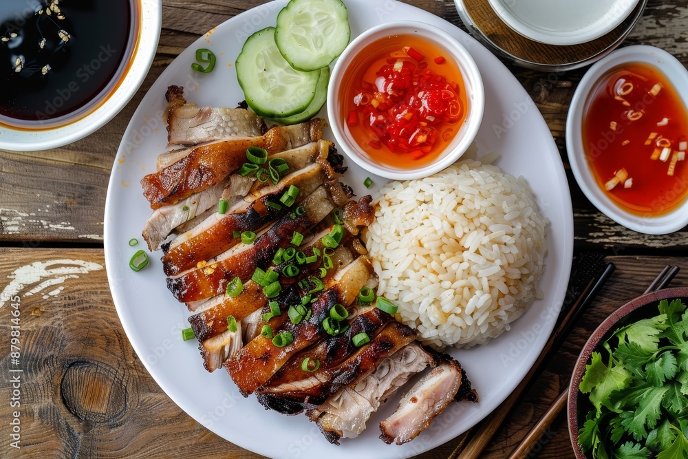 Crispy pork and rice on white plate with sauces on wooden table Crispy pork and rice on white plate with sauces on wooden table