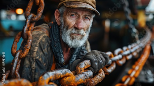 Wallpaper Mural An elderly man with a weathered face and gray beard, dressed in rugged workwear, holds onto rusty chains with determination, highlighting resilience and the spirit of hard work. Torontodigital.ca