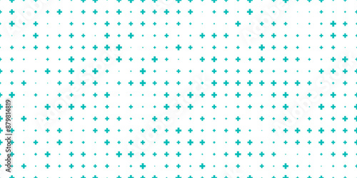 Teal blue medical seamless pattern. Math texture with uneven plus symbols on white bg. Cross shape pixel texture. Simple vector background