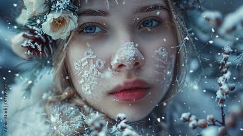 Close-up of a woman with snowflakes on her face, surrounded by frosty branches.