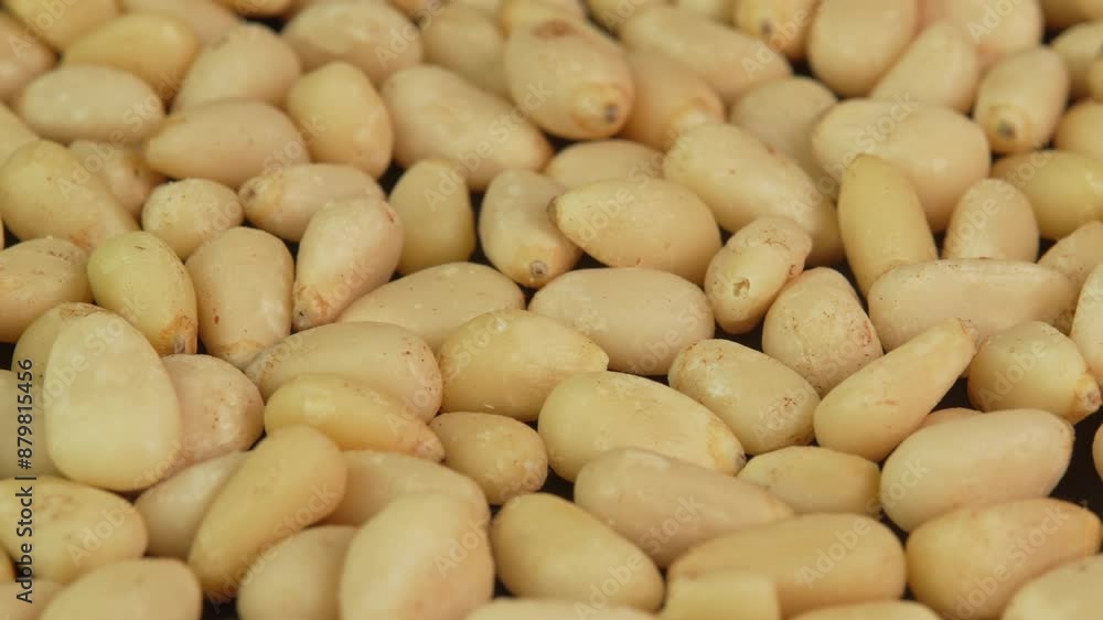 Peeled pine nuts are rotating in macro backdrop. Pine nut kernels close up. Healthy nut Peeled pine nuts are rotating in macro backdrop. Pine nut kernels close up. Healthy nut
