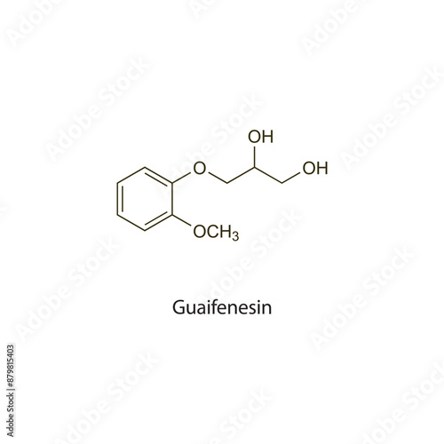 Guaifenesin flat skeletal molecular structure expectorant drug used in cough treatment. Vector illustration scientific diagram.