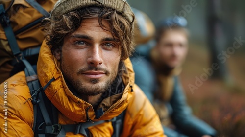 A man in an orange jacket takes a break during a trek in a forest, exuding the spirit of adventure, resilience, and the beauty of nature in the midst of an outdoor journey.