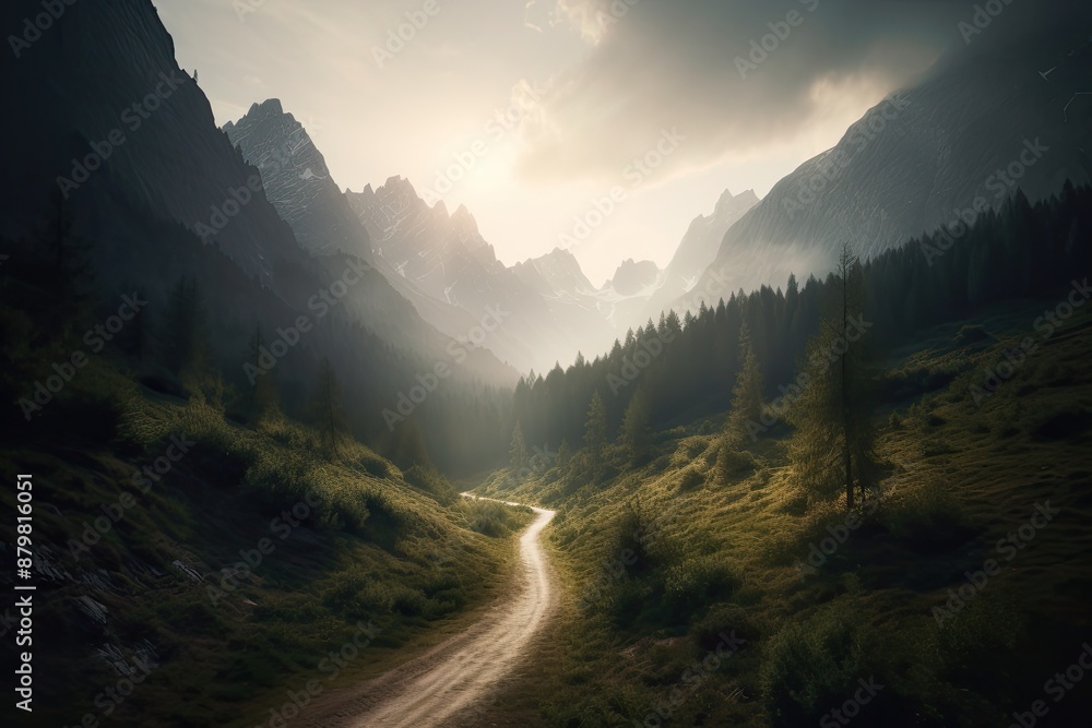 Obraz premium Beautiful place with green scenery, mountain, tree, sky, road, cloud.AI generated image.