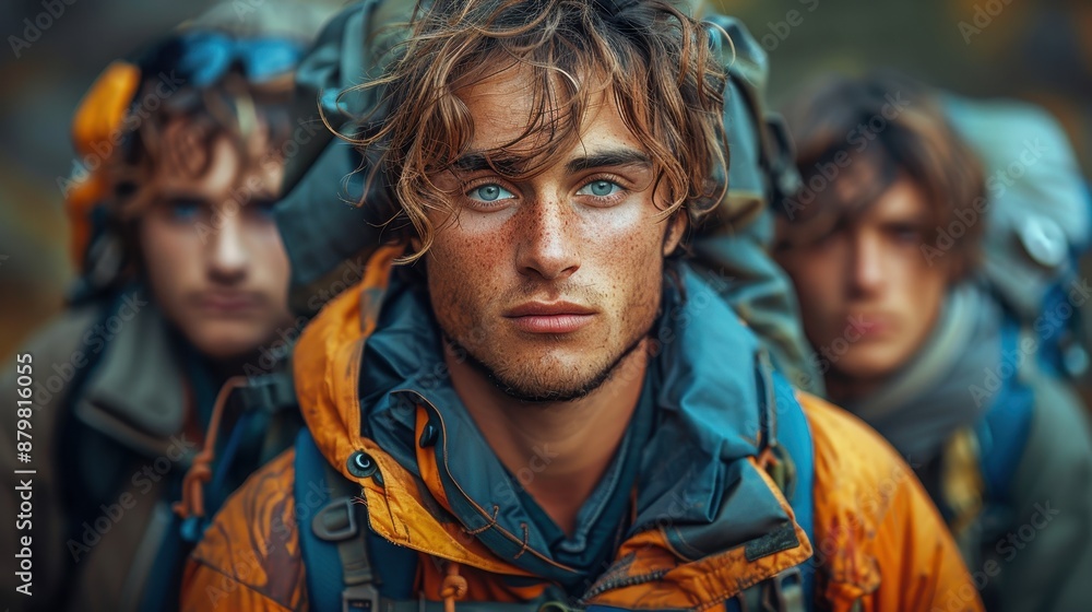 Obraz premium A young man in an orange jacket and backpack leads a group through the wilderness, demonstrating determination, teamwork, and the rugged beauty of outdoor adventures.