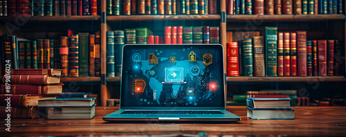 A laptop with digital icons on the screen sits open on a wooden desk in front of a bookshelf filled with books