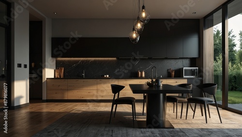 Black modern contemporary stylish kitchen room interior with luxury dining table and large window, 3d rendering