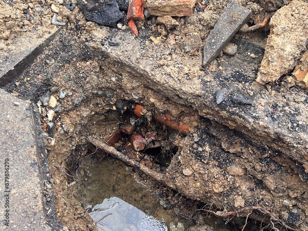 Obraz premium Close up of broken water pipe in construction site in the ground showing drains dug up on road with water works with earth rubble flooding bricks cement stone and soil in layers in urban city street