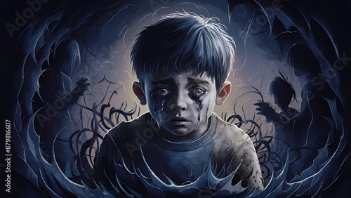 Abstract Art Piece of a Boy in Fear and Anxiety, Dark Blues and Swirling Patterns © Khansa