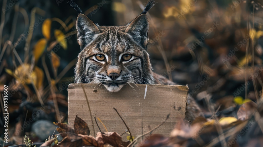 A sad-eyed lynx with a blank cardboard sign, hidden among dense underbrush. A sad-eyed lynx with a blank cardboard sign, hidden among dense underbrush.