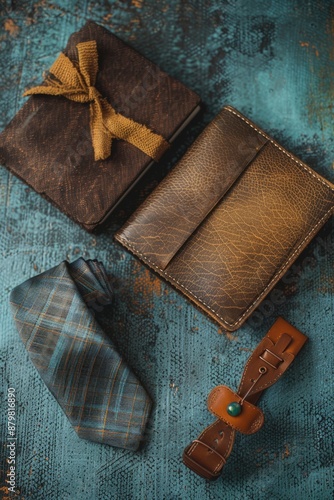 A tie, wallet, and tie clip arranged neatly on a blue background