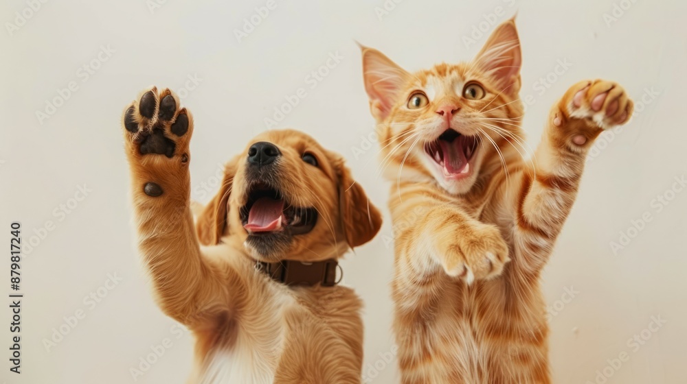 custom made wallpaper toronto digitalHappy dog and cat playing together. A playful golden retriever and a ginger cat give a high-five, demonstrating the strong bond between pets.