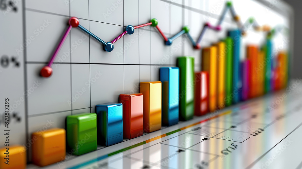 Fototapeta premium Colorful bar and line graph on a digital screen displaying statistical data and business analytics with a blurred background.