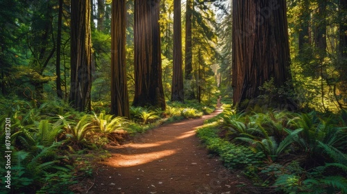 A path through a forest with trees that are very tall. Generate AI image