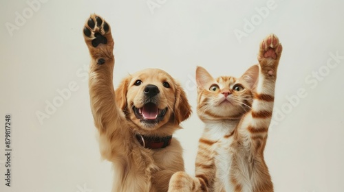 Happy dog and cat raising paws. Adorable golden retriever and tabby cat raise their paws in playful greeting. photo