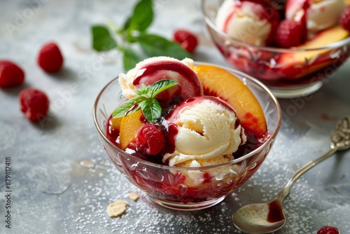 Dessert with peaches raspberry sauce and ice cream photo